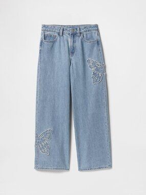 GAP Girls High Rise Wide-Leg Light Wash Jeans with Frayed Butterflies - Size 12